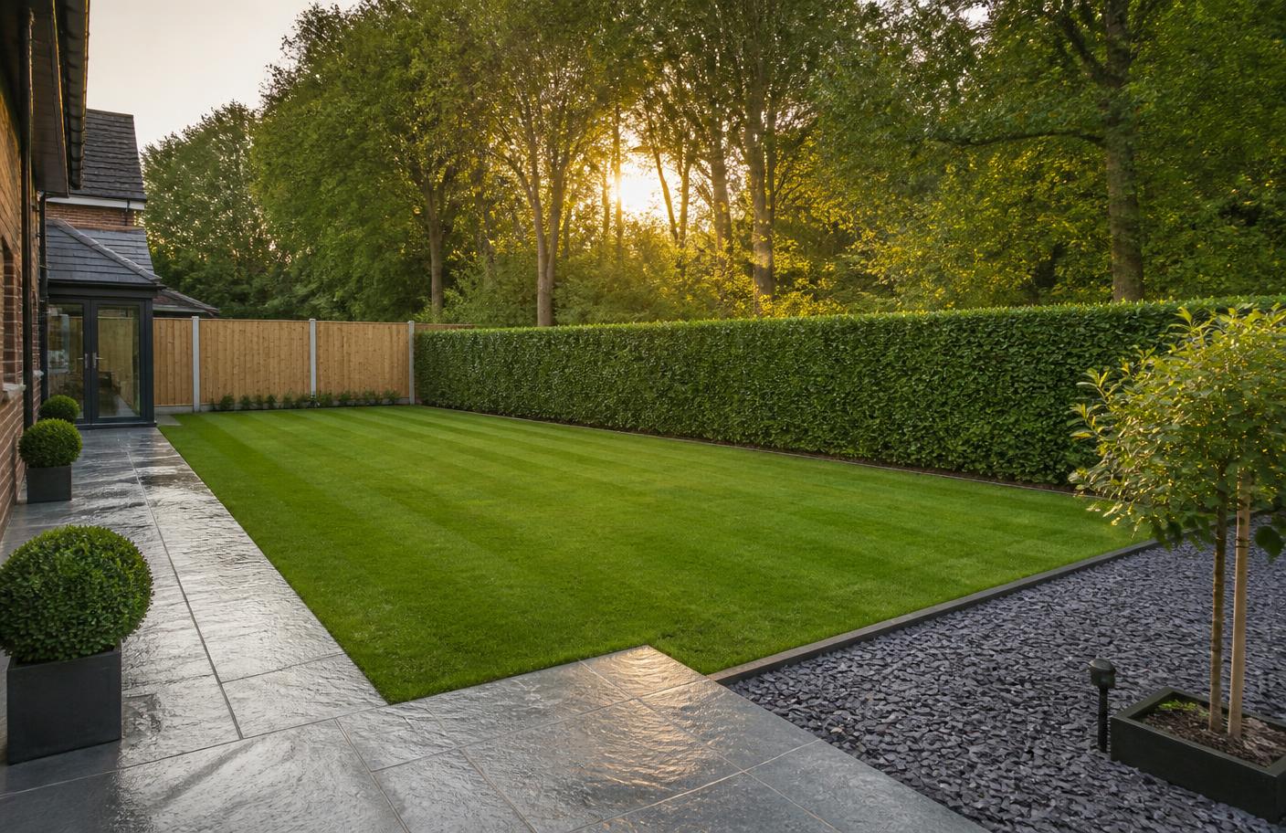 A finished garden with fresh striped turf, trimmed hedge, new fencing and clean slabbed patio